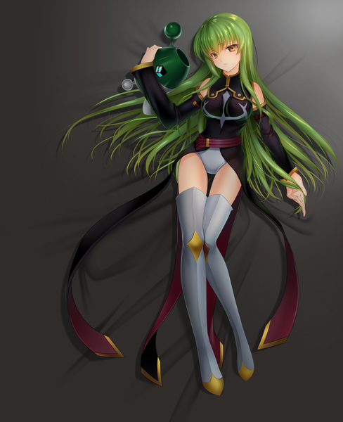 Anime picture 4272x5251 with code geass sunrise (studio) c.c. yuitanpo single long hair tall image looking at viewer fringe highres light erotic bare shoulders holding brown eyes absurdres full body indoors lying long sleeves parted lips