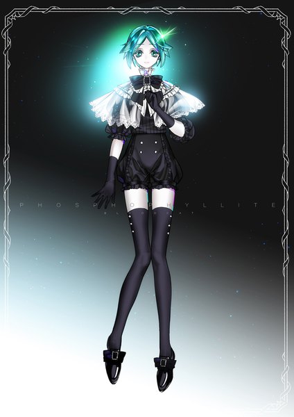 Anime picture 707x1000 with houseki no kuni phosphophyllite bloodcat (babacatcat) single tall image looking at viewer short hair signed full body aqua eyes aqua hair alternate costume zettai ryouiki character names gradient background androgynous thighhighs gloves black thighhighs black gloves