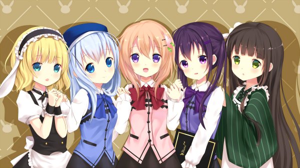 Anime picture 1200x672 with gochuumon wa usagi desu ka? white fox kafuu chino hoto cocoa tedeza rize kirima sharo ujimatsu chiya sumikko no aria long hair looking at viewer blush short hair open mouth blue eyes black hair blonde hair wide image purple eyes multiple girls green eyes