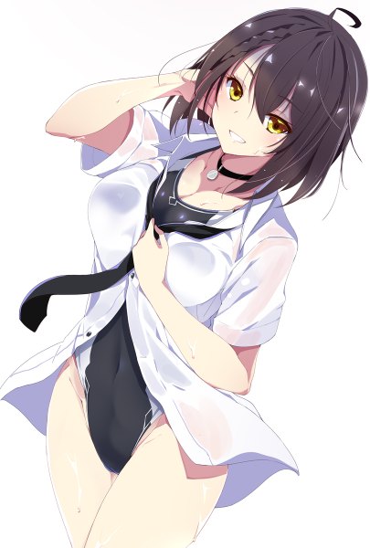 Anime picture 810x1200 with azur lane baltimore (azur lane) mutou kurihito single tall image looking at viewer blush fringe short hair light erotic simple background smile hair between eyes white background yellow eyes ahoge open shirt grin covered navel hand on chest