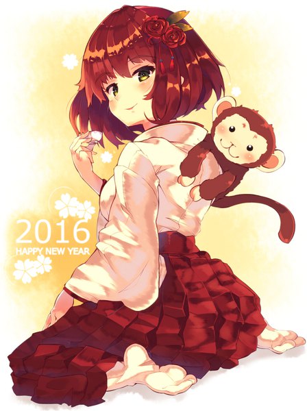 Anime picture 1180x1580 with original mikususannda single tall image looking at viewer short hair smile brown hair sitting green eyes traditional clothes japanese clothes looking back hair flower from behind no shoes wariza new year happy new year 2016
