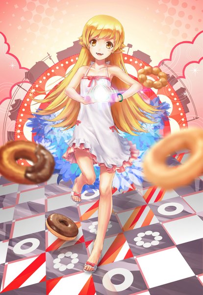 Anime picture 1000x1448 with bakemonogatari nisemonogatari shaft (studio) monogatari (series) oshino shinobu rakuhei (artist) single long hair tall image blonde hair yellow eyes teeth loli fang (fangs) flat chest checkered floor girl food bracelet sundress