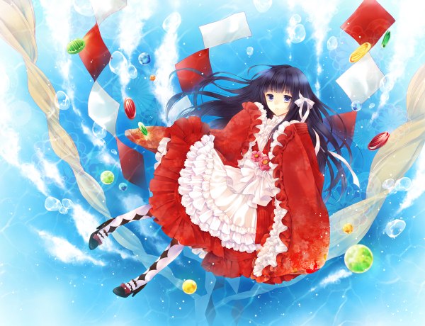 Anime picture 1200x920 with original uduki eri single long hair looking at viewer blue eyes black hair long sleeves girl dress flower (flowers) ribbon (ribbons) hair ribbon pantyhose frills bubble (bubbles)