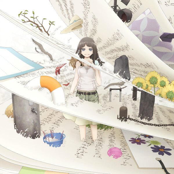 Anime picture 1200x1200 with original yajirushi (chanoma) single long hair looking at viewer open mouth black hair black eyes girl flower (flowers) plant (plants) hat animal tree (trees) bird (birds) chain ball swim ring paper bucket