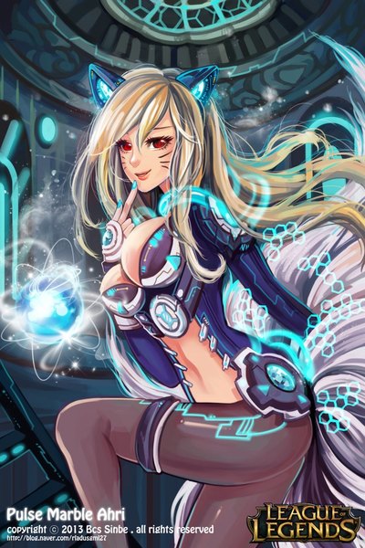 Anime picture 743x1115 with league of legends ahri (league of legends) sinbe (artist) single long hair tall image looking at viewer breasts light erotic blonde hair red eyes large breasts animal ears tail nail polish animal tail fox ears magic facial mark fox tail