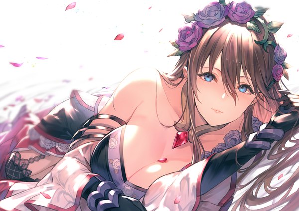 Anime picture 3000x2122 with granblue fantasy rosetta (granblue fantasy) kakage single long hair looking at viewer blush fringe highres breasts blue eyes light erotic simple background smile hair between eyes brown hair large breasts white background cleavage lying