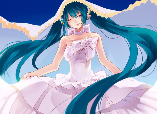 Anime picture 1431x1041 with vocaloid hatsune miku hiroimu single long hair looking at viewer blush simple background smile twintails bare shoulders cleavage one eye closed hair flower aqua eyes lips wink aqua hair tears blue background