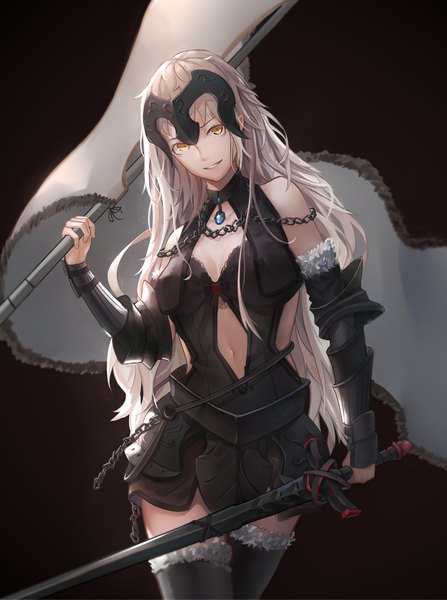 Anime picture 1468x1970 with fate (series) fate/grand order jeanne d'arc (fate) (all) jeanne d'arc alter (fate) jeanne d'arc alter (avenger) (third ascension) (fate) milu (pixiv8523021) single long hair tall image looking at viewer fringe breasts simple background smile standing bare shoulders holding yellow eyes cleavage silver hair