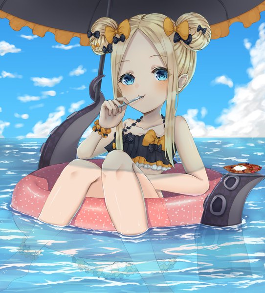 Anime picture 1400x1549 with fate (series) fate/grand order abigail williams (fate) bao (s 888) single long hair tall image looking at viewer blush fringe blue eyes light erotic blonde hair bare shoulders holding payot sky cloud (clouds) bent knee (knees) outdoors