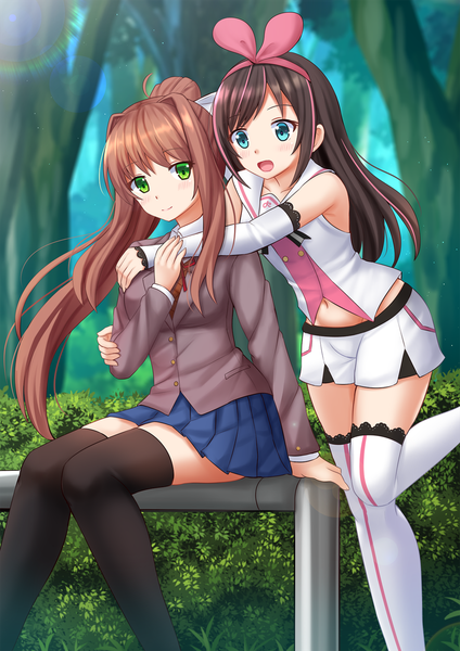 Anime picture 1200x1698 with doki doki literature club virtual youtuber a.i. channel kizuna ai monika (doki doki literature club) kazenokaze long hair tall image blush fringe open mouth brown hair standing sitting multiple girls green eyes outdoors ponytail pleated skirt multicolored hair