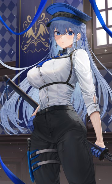 Anime picture 1142x1872 with original silvertsuki single long hair tall image looking at viewer fringe breasts blue eyes hair between eyes large breasts standing holding signed payot blue hair indoors braid (braids) parted lips mole