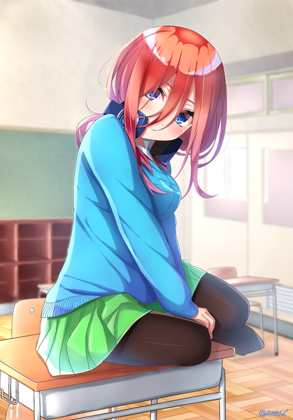 Anime picture 2352x3368 with go-toubun no hanayome nakano miku honorikiti single long hair tall image looking at viewer blush fringe highres breasts blue eyes smile hair between eyes brown hair sitting signed full body indoors head tilt