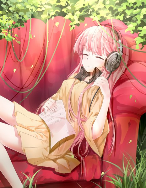 Anime picture 776x1000 with to aru majutsu no index j.c. staff meigo arisa transistor (poppy) single long hair tall image pink hair eyes closed girl dress headphones couch