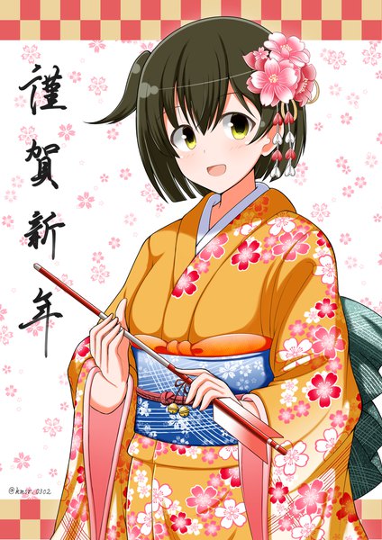 Anime picture 1654x2339 with kantai collection hiryuu aircraft carrier kamishiro (rsg10679) single tall image looking at viewer short hair open mouth brown hair holding signed yellow eyes traditional clothes japanese clothes twitter username one side up floral print new year floral background nengajou