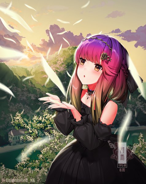 Anime picture 1600x2016 with kantai collection tsushima (kantai collection) unidentified nk single long hair tall image blush fringe open mouth standing brown eyes signed sky purple hair cloud (clouds) outdoors blunt bangs braid (braids) multicolored hair mole