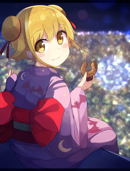 Anime picture 1141x1500 with bakemonogatari shaft (studio) monogatari (series) oshino shinobu okota mikan single tall image short hair blonde hair smile sitting yellow eyes traditional clothes japanese clothes looking back pointy ears from behind blurry lens flare blush stickers