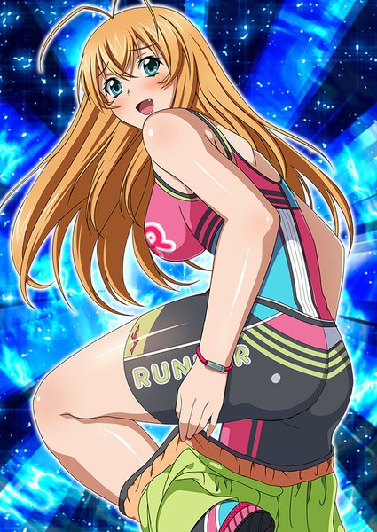 Anime picture 640x903 with ikkitousen sonsaku hakufu single long hair tall image blush fringe breasts open mouth light erotic blonde hair hair between eyes large breasts payot looking away ahoge ass looking back aqua eyes sparkle
