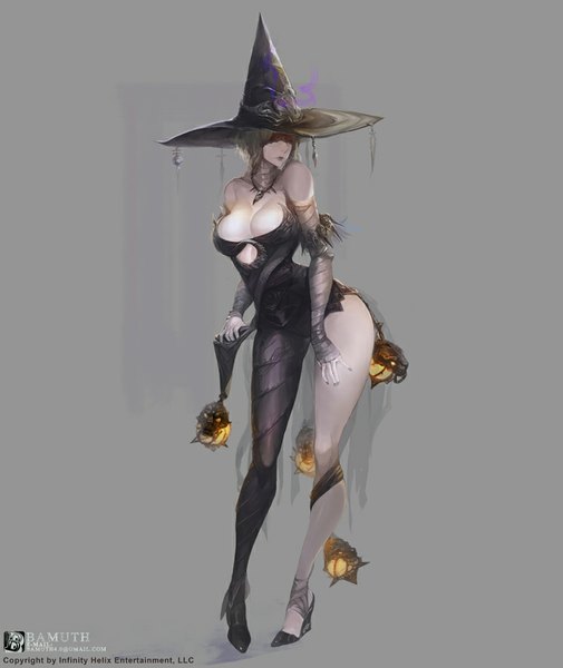 Anime picture 758x900 with original bamuth single tall image breasts light erotic simple background large breasts bare shoulders signed cleavage nail polish lips grey background witch girl dress hat black dress witch hat
