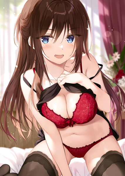 Anime picture 1440x2030 with boku no kanojo sensei fujiki maka oryou single long hair tall image looking at viewer blush fringe breasts open mouth blue eyes light erotic smile hair between eyes brown hair large breasts sitting cleavage indoors