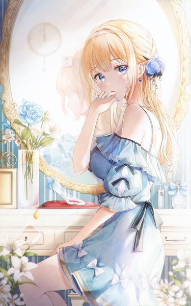 Anime picture 2557x4096 with original yuna (deadawon) single long hair tall image looking at viewer blush fringe highres open mouth blue eyes blonde hair sitting indoors blunt bangs braid (braids) nail polish off shoulder high heels turning head