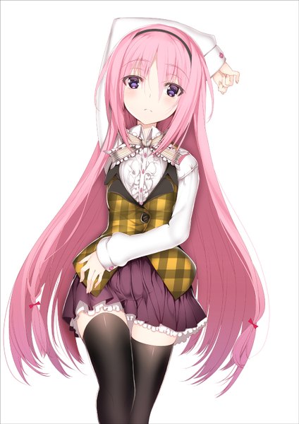 Anime picture 1060x1500 with original char single long hair tall image blush simple background white background purple eyes pink hair zettai ryouiki girl thighhighs dress black thighhighs hairband