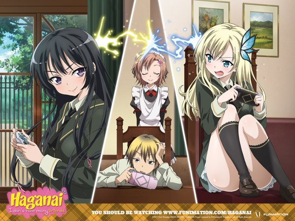 Anime picture 1600x1200 with boku wa tomodachi ga sukunai kashiwazaki sena mikazuki yozora kusunoki yukimura hasegawa kodaka long hair blush blue eyes light erotic black hair blonde hair smile sitting purple eyes multiple girls eyes closed multicolored hair maid grey eyes gradient hair