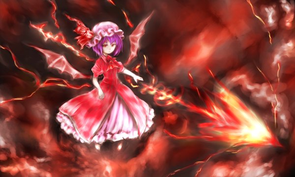 Anime picture 2500x1500 with touhou remilia scarlet acryl (artist) single looking at viewer highres short hair red eyes wide image purple hair flying bat wings weightlessness vampire lightning girl dress wings frills bonnet