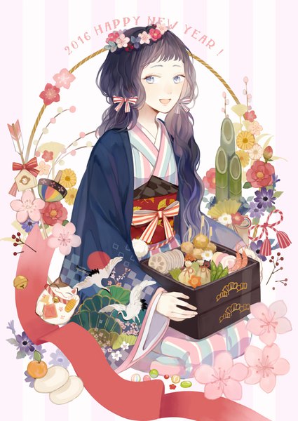 Anime picture 700x988 with original seuga single long hair tall image blush fringe open mouth blue eyes black hair smile sitting twintails holding blue hair looking away full body traditional clothes japanese clothes multicolored hair