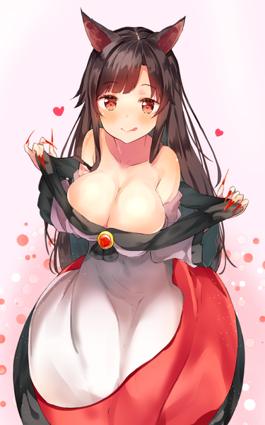 Anime picture 501x800 with touhou imaizumi kagerou yukizumi remon single long hair tall image looking at viewer blush fringe breasts light erotic black hair simple background red eyes large breasts bare shoulders animal ears cleavage nail polish fingernails