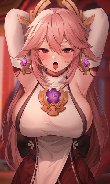 Anime picture 2400x4000 with genshin impact yae miko reel (riru) single long hair tall image looking at viewer blush fringe highres breasts open mouth light erotic hair between eyes large breasts standing purple eyes animal ears payot pink hair