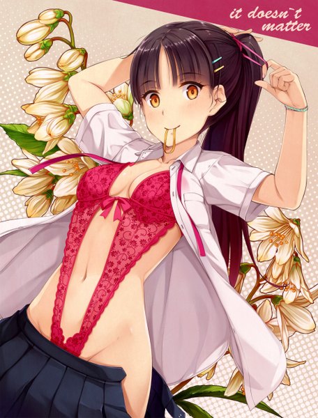 Anime picture 950x1250 with original yokaze japan single long hair tall image looking at viewer breasts light erotic black hair holding ponytail orange eyes open shirt mouth hold girl navel flower (flowers) shirt