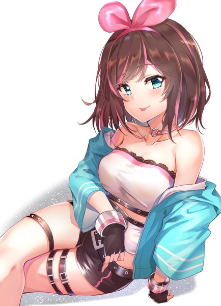 Anime picture 1722x2377 with virtual youtuber a.i. channel kizuna ai kizuna ai (a.i. games) nyung single tall image looking at viewer blush fringe highres short hair breasts simple background smile brown hair white background sitting bare shoulders multicolored hair