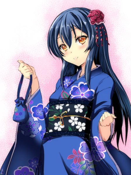 Anime picture 900x1200 with love live! school idol project sunrise (studio) love live! sonoda umi gin'ichi (akacia) single long hair tall image looking at viewer blush smile yellow eyes blue hair traditional clothes japanese clothes hair flower girl hair ornament flower (flowers) kimono