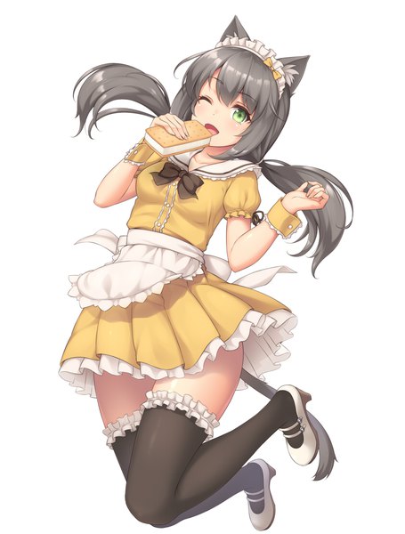 Anime picture 840x1106 with original sasaame single long hair tall image looking at viewer blush fringe simple background hair between eyes white background twintails holding green eyes animal ears full body tail animal tail one eye closed grey hair