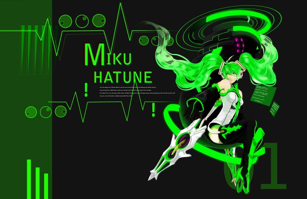 Anime picture 2200x1430 with vocaloid vocaloid append hatsune miku hatsune miku (append) pochiharu single long hair highres twintails green eyes green hair girl detached sleeves