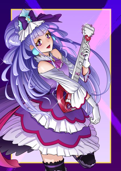 Anime picture 1191x1684 with precure hugtto! precure toei animation ruru amour cure amour ito user 2810a single long hair tall image looking at viewer blush fringe open mouth simple background standing purple eyes bare shoulders payot purple hair bent knee (knees)