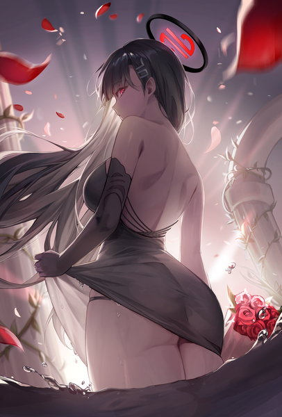 Anime picture 3136x4634 with blue archive rio (blue archive) iyu (1yu x) single long hair tall image looking at viewer fringe highres breasts light erotic black hair red eyes bare shoulders absurdres outdoors ass profile wind from behind