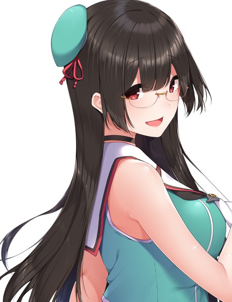 Anime picture 1500x1953 with kantai collection choukai heavy cruiser yukichi (sukiyaki39) single long hair tall image looking at viewer blush simple background red eyes brown hair white background payot upper body sleeveless girl hat choker glasses mini hat