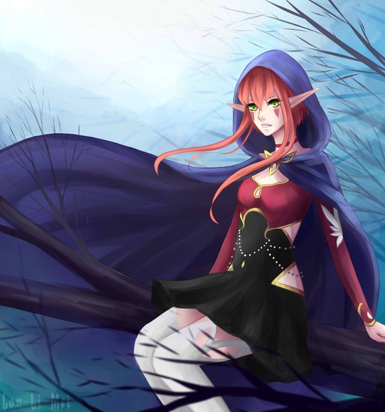Anime picture 1800x1923 with original lon-li-mei single tall image looking at viewer fringe highres short hair hair between eyes sitting green eyes signed payot sky outdoors red hair parted lips wind pointy ears face paint