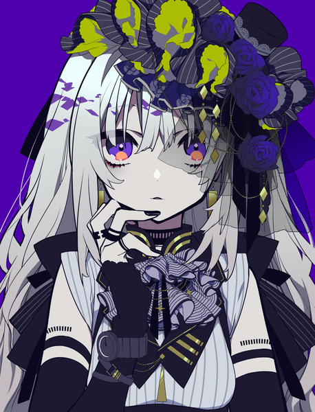 Anime picture 1525x2000 with original mochizuki kei single long hair tall image looking at viewer fringe simple background hair between eyes purple eyes silver hair upper body nail polish parted lips fingernails tattoo lolita fashion black nail polish purple background girl