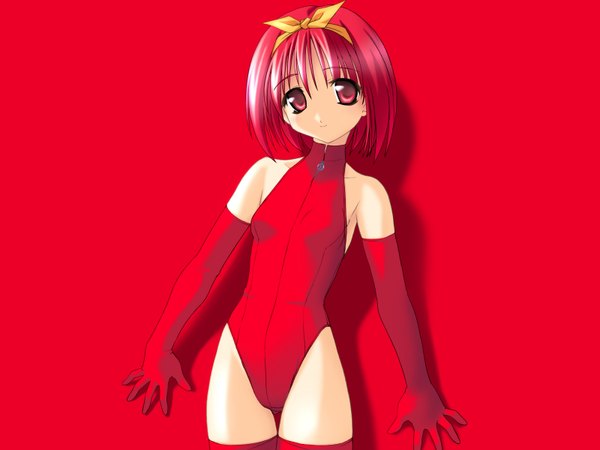 Anime picture 1600x1200 with to heart kamigishi akari norizou type-r highres short hair light erotic simple background red eyes bare shoulders red hair light smile red background girl thighhighs gloves ribbon (ribbons) hair ribbon elbow gloves bodysuit