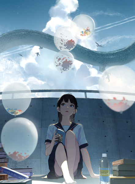 Anime picture 3107x4229 with original oekaki taro single long hair tall image fringe highres open mouth black hair sitting holding looking away absurdres sky cloud (clouds) full body bent knee (knees) outdoors blunt bangs barefoot