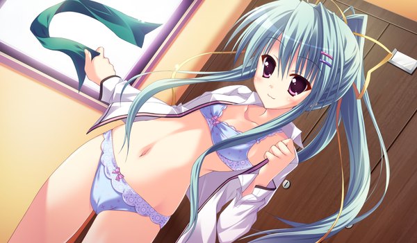 Anime picture 1024x600 with angel ring shiki azusa sesena yau light erotic wide image purple eyes blue hair game cg open clothes open shirt girl underwear