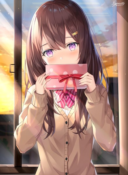 Anime picture 867x1182 with original rin yuu single long hair tall image looking at viewer blush fringe hair between eyes brown hair purple eyes holding signed sky upper body indoors long sleeves dated covered mouth valentine