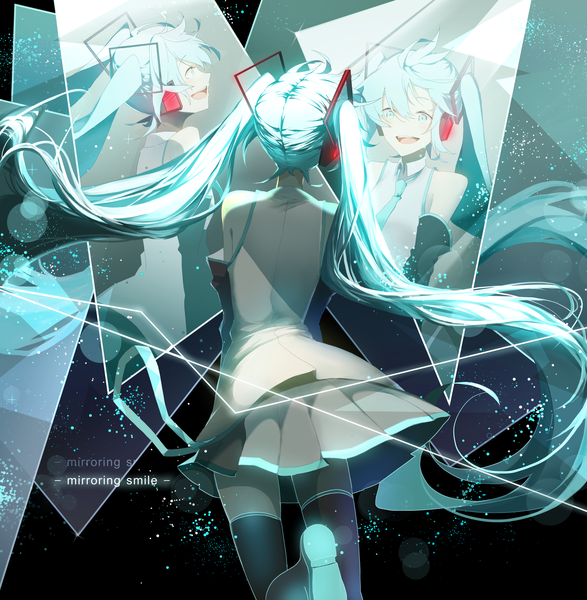 Anime picture 1827x1868 with vocaloid hatsune miku saihate (d3) single tall image blush highres open mouth smile twintails bare shoulders looking away bent knee (knees) very long hair profile pleated skirt aqua eyes aqua hair teeth sparkle