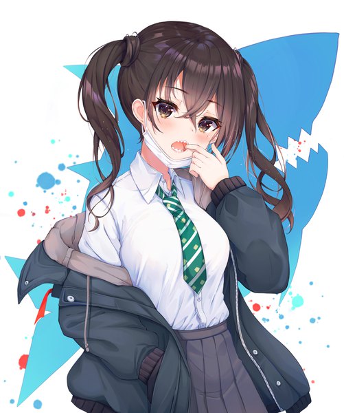 Anime picture 3340x4000 with idolmaster idolmaster cinderella girls sunazuka akira lebring single long hair tall image looking at viewer blush fringe highres open mouth simple background hair between eyes brown hair twintails brown eyes absurdres long sleeves pleated skirt