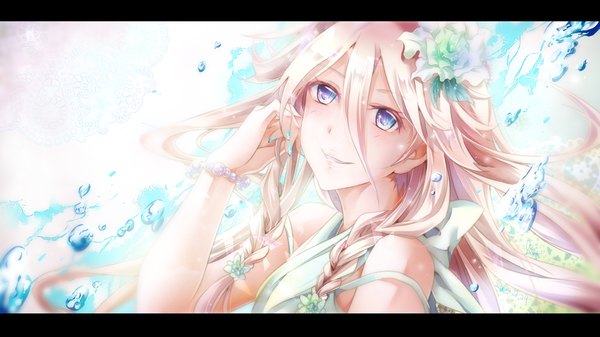 Anime picture 1500x844 with vocaloid ia (vocaloid) tyouya single long hair looking at viewer blonde hair wide image purple eyes braid (braids) nail polish hair flower light smile twin braids adjusting hair letterboxed girl hair ornament flower (flowers) water