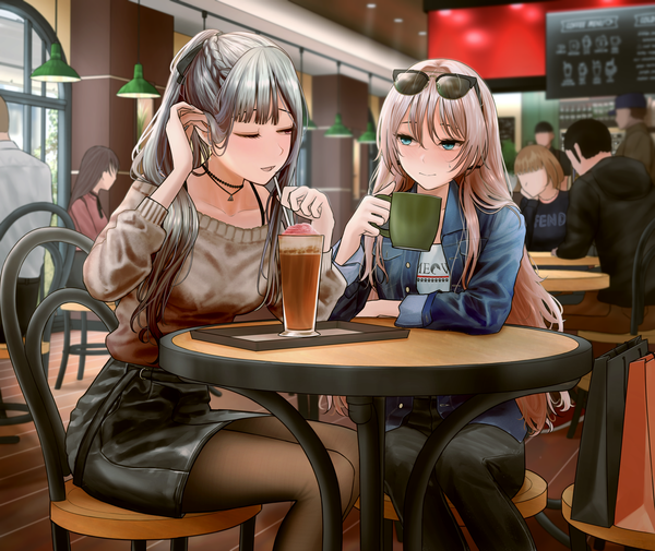 Anime picture 3308x2787 with girls frontline ak-12 (girls frontline) an-94 (girls frontline) turisasu long hair blush fringe highres breasts open mouth blue eyes hair between eyes brown hair sitting multiple girls holding brown eyes looking away absurdres bent knee (knees)