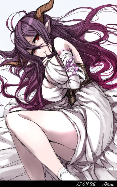 Anime picture 780x1240 with granblue fantasy danua kuroneko nero single long hair tall image looking at viewer breasts light erotic hair between eyes red eyes large breasts bare shoulders signed cleavage purple hair ahoge bent knee (knees) lying horn (horns)
