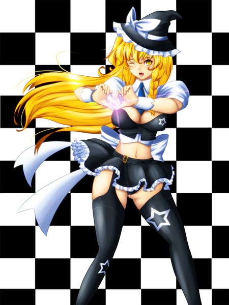 Anime picture 1170x1560 with touhou kirisame marisa untue long hair tall image light erotic blonde hair yellow eyes cleavage one eye closed wink magic checkered background heart hands girl thighhighs dress skirt navel black thighhighs
